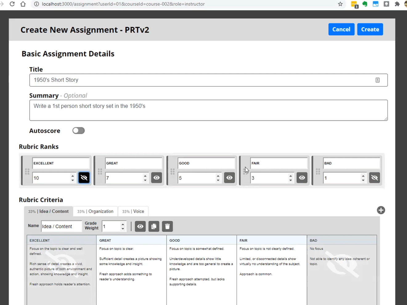 Complex Peer Review Tool application user interface screen used by teachers to create custom assignments and rubrics.