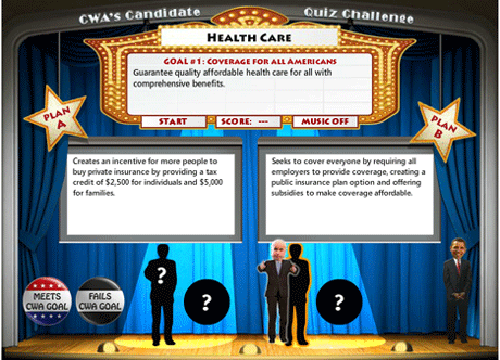 2000 presidential election game. Candidates Obama and McCain on a stage... able to be dragged about to see if user can match the candidate to the quote.