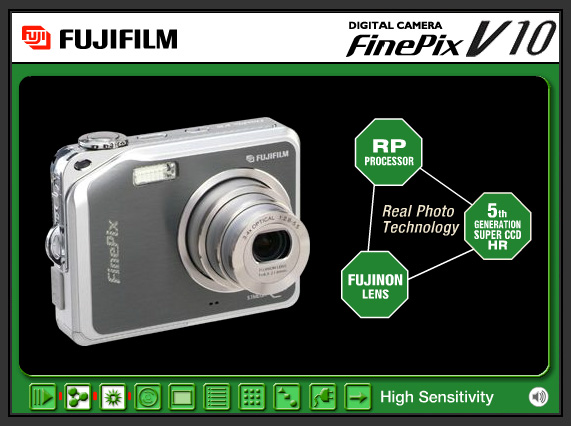 Interactive presentation shows Fujifilm V10 camera next to image processor diagram and 10 navigation icons along bottom of screen.