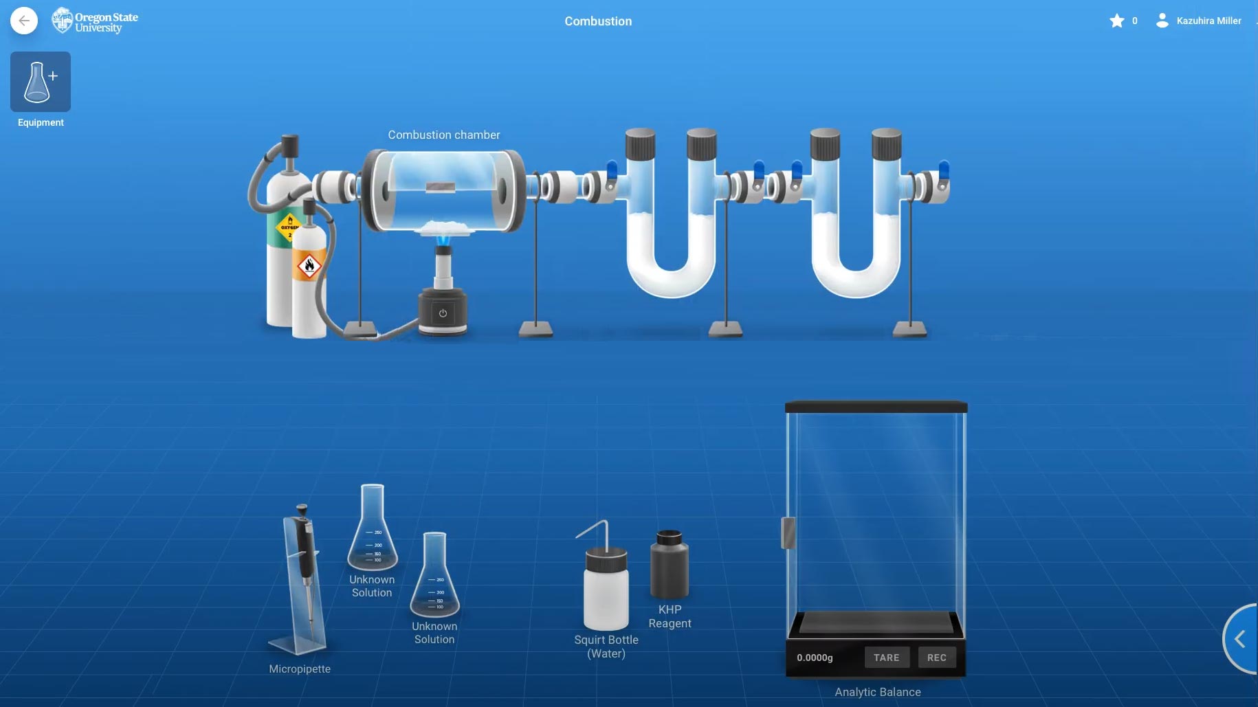 Chemistry wetlab application with beakers, burners, a combustion chamber and other virtual lab equipment students can interact with.