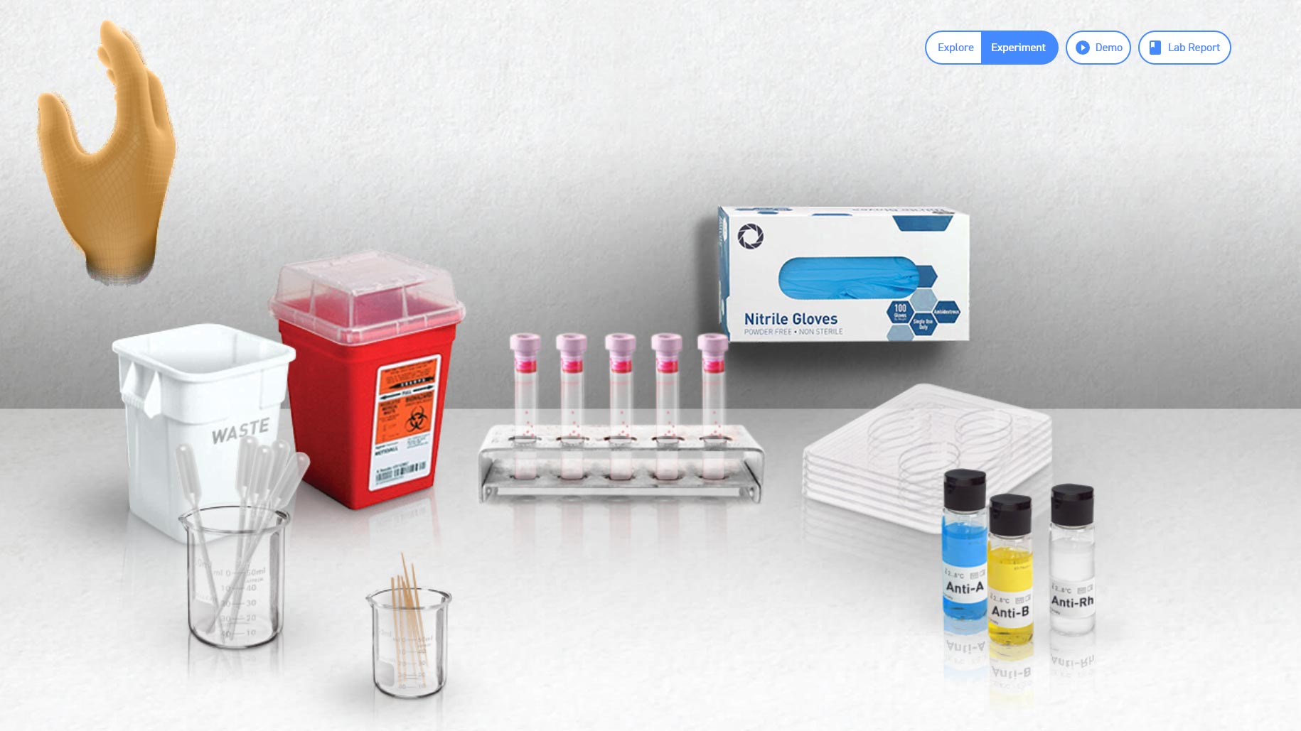 Interactive lab application for blood typing. Interactive elements include pipettes, waste and biowaste bins, blood samples, gloves, sample trays, antigens, and stir sticks.